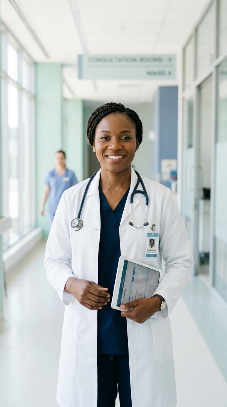 A smiling doctor in a white coat holding a tablet in a hospital corridor
